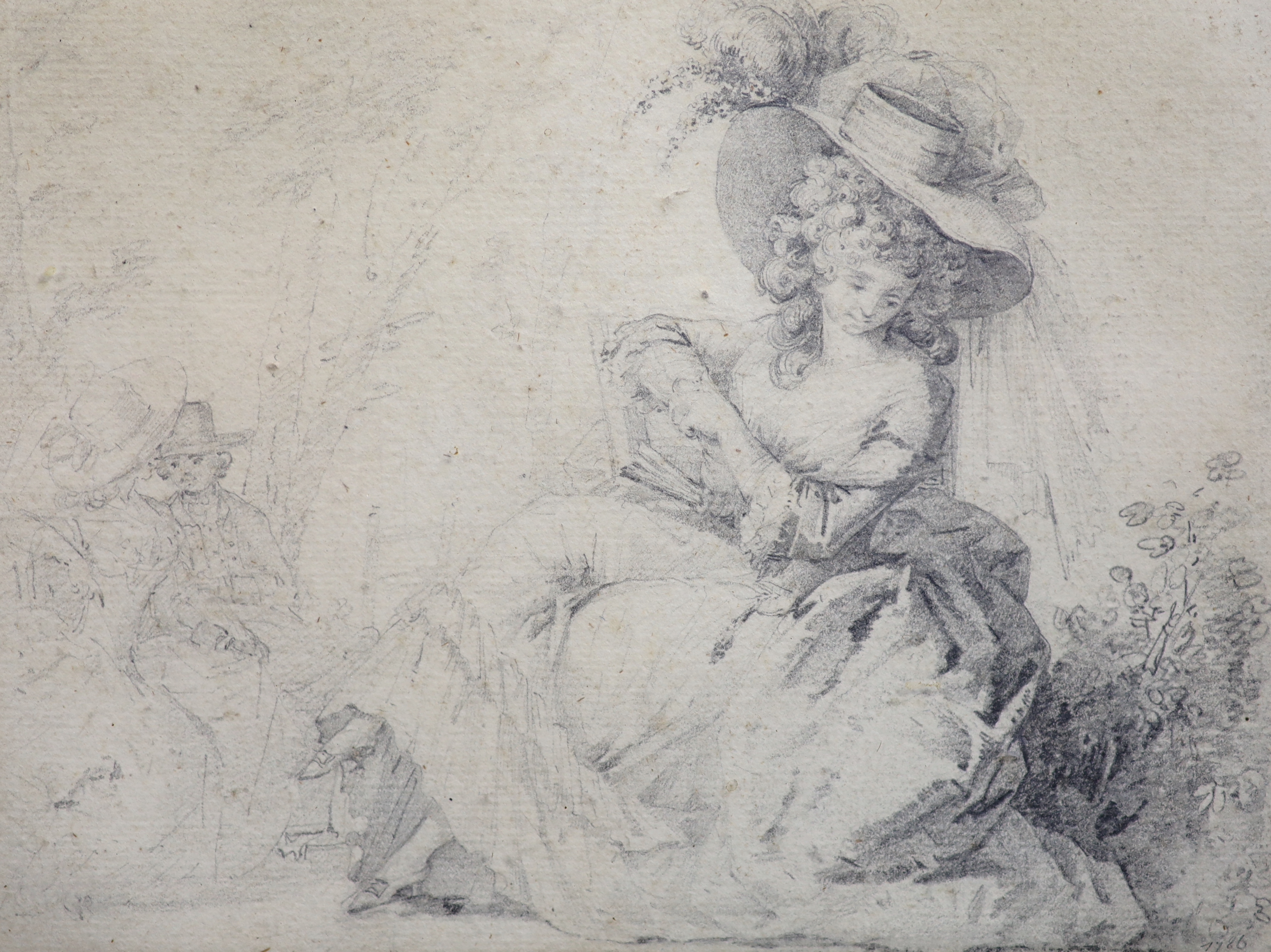 Alexandre Moitte (French, 1750-1828), A lady seated in parkland, further figures beyond, pencil on paper, 15 x 19.75cm